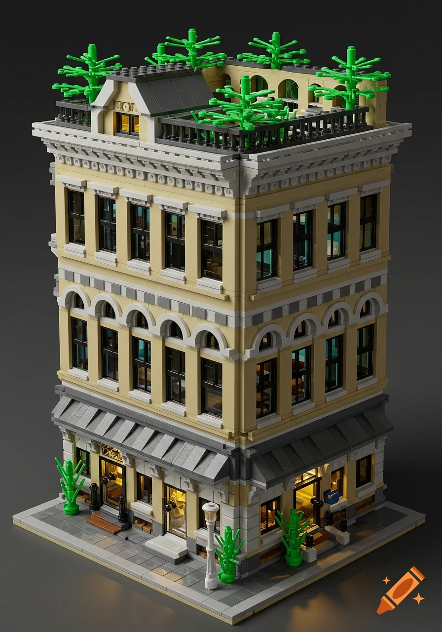 A tan three-story Lego modular building with green trees on the roof, featuring intricate architectural details and street-level shops.