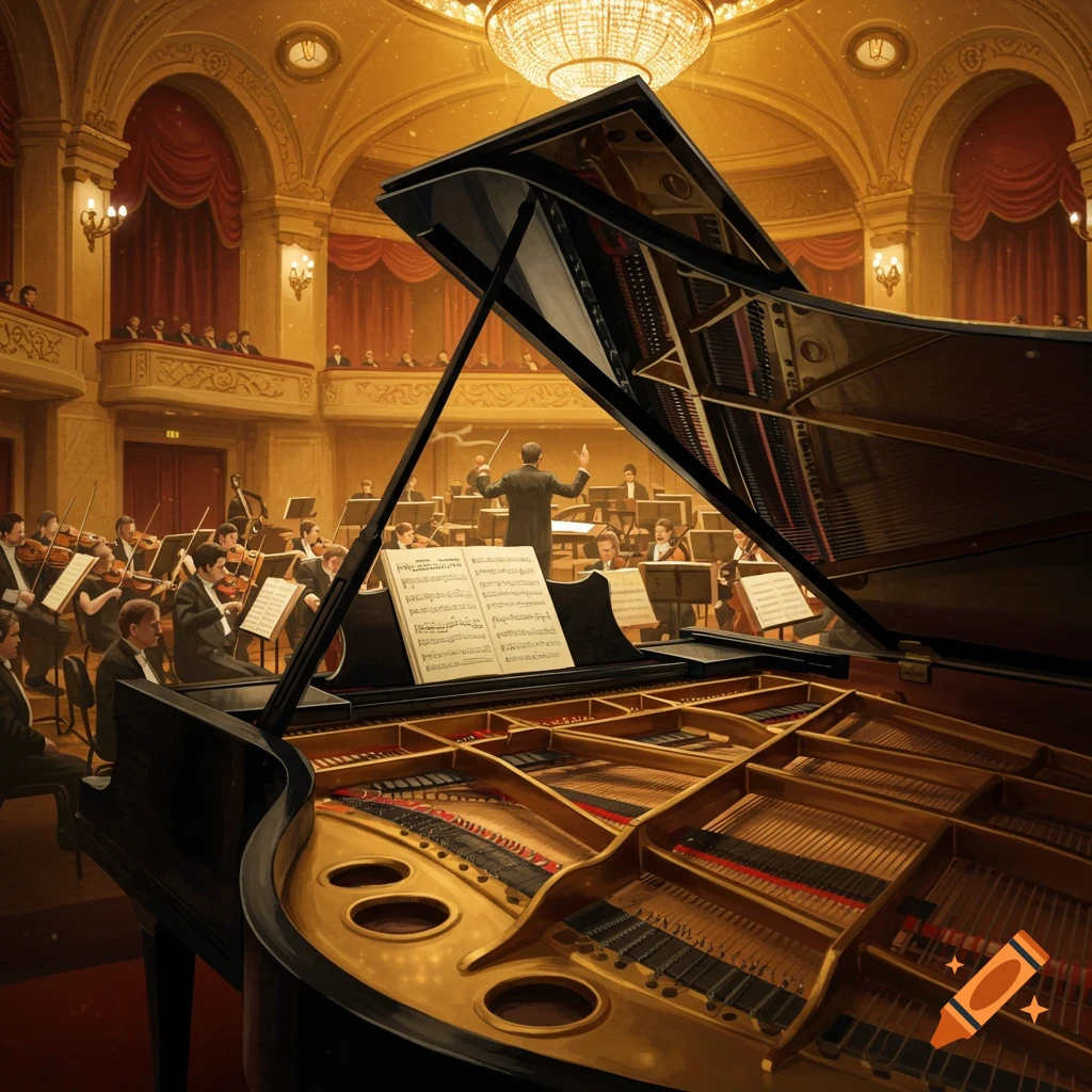 Grand piano on stage in a luxurious concert hall during an orchestral performance, with a conductor and musicians in the background.