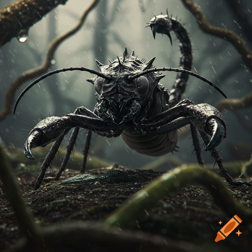 A large, dark, spiky insect-like creature with pincers and a scorpion tail, seen close-up in a rainy forest.