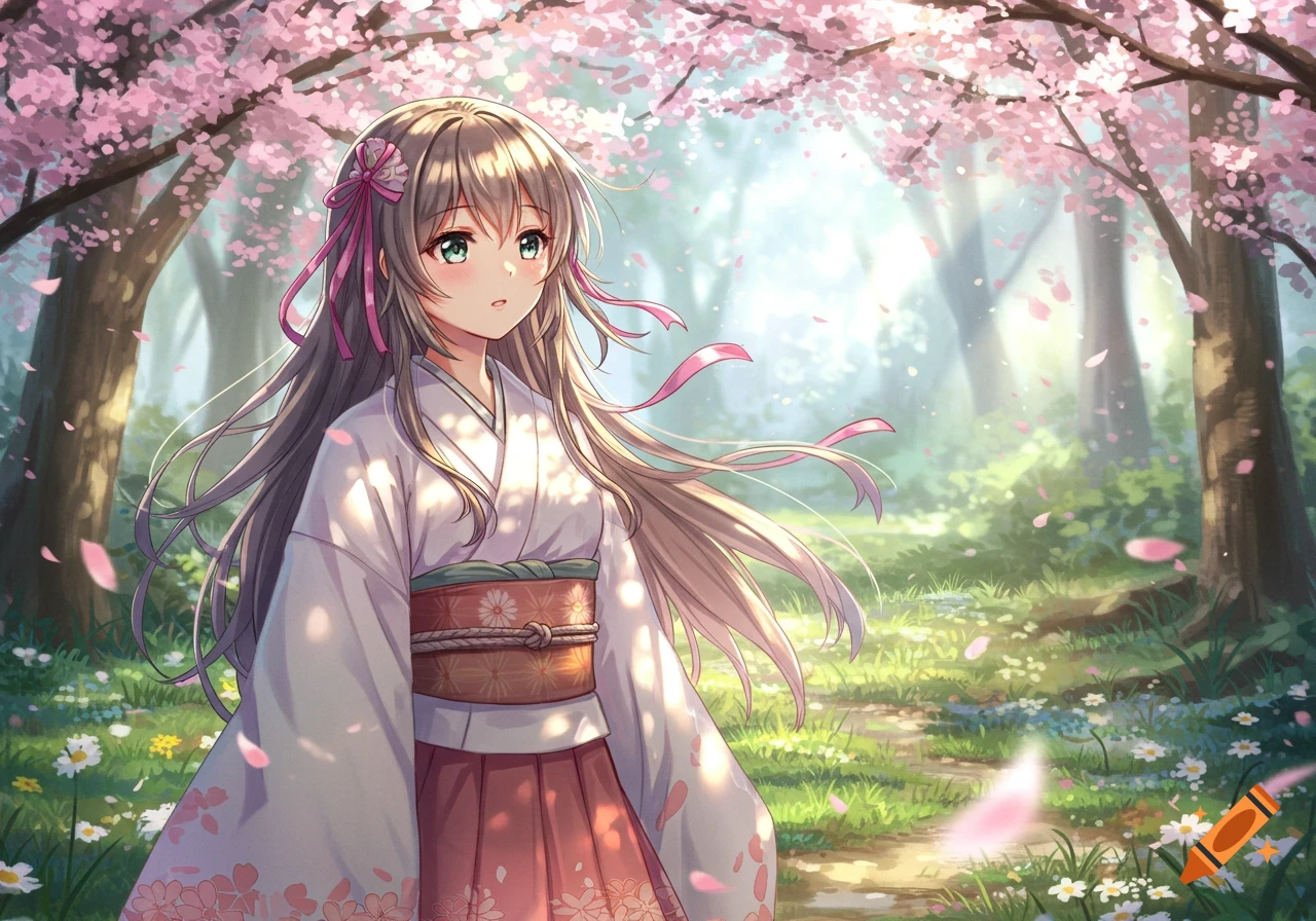 Anime girl in a white and pink kimono walks through a sun-dappled cherry blossom forest with petals falling.