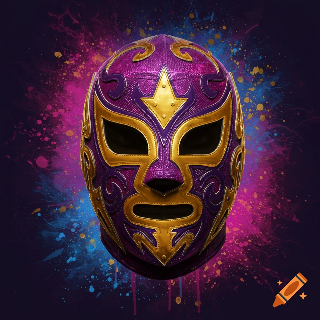 A purple and gold luchador mask with a star on the forehead, set against a dark background with vibrant pink, blue, and gold paint splatters.