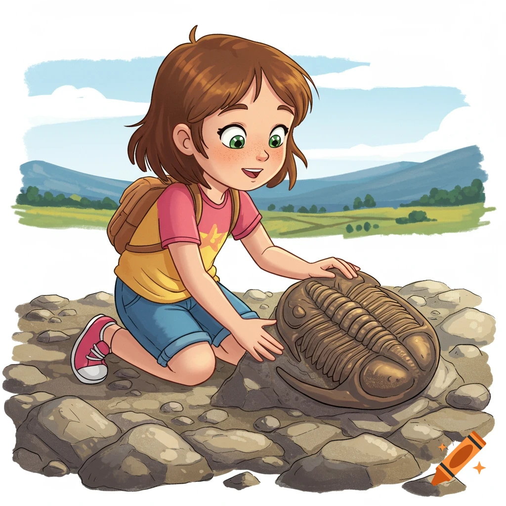 Cartoon illustration of a happy girl kneeling on rocks, examining a large trilobite fossil in a natural landscape.