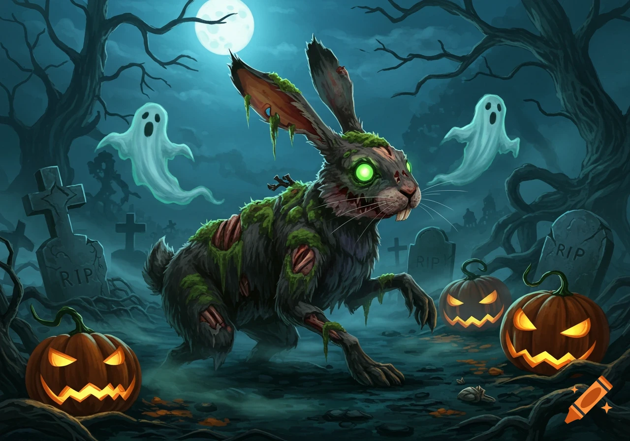 A zombie rabbit with glowing green eyes and mossy fur crawls through a ...
