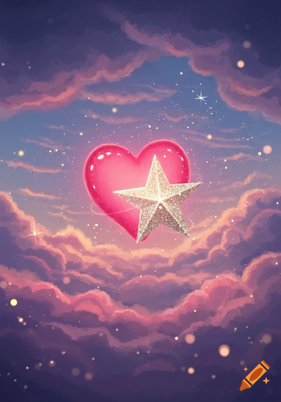 Whimsical illustration of a pink heart and a sparkling star floating among pastel clouds and twinkling lights.