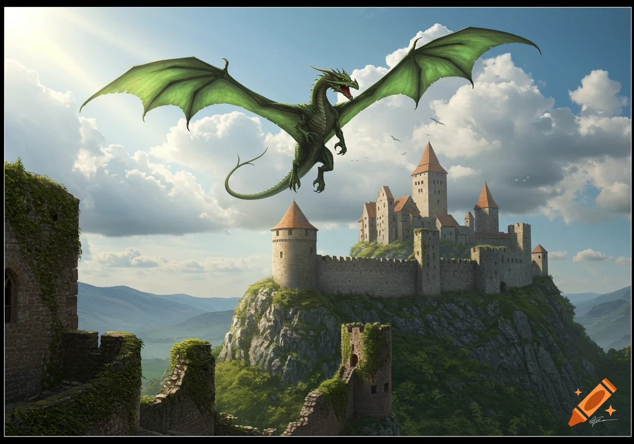A green dragon with large wings flies over a medieval castle on a hill under a partly cloudy sky, with ruined walls in the foreground.