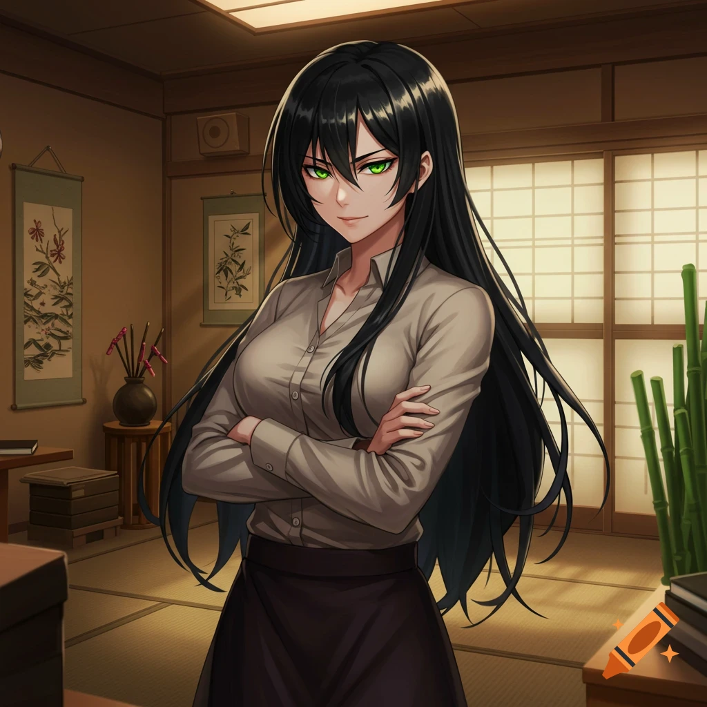 An anime woman with long black hair and green eyes, wearing a light brown shirt and dark skirt, stands in a Japanese-style room.