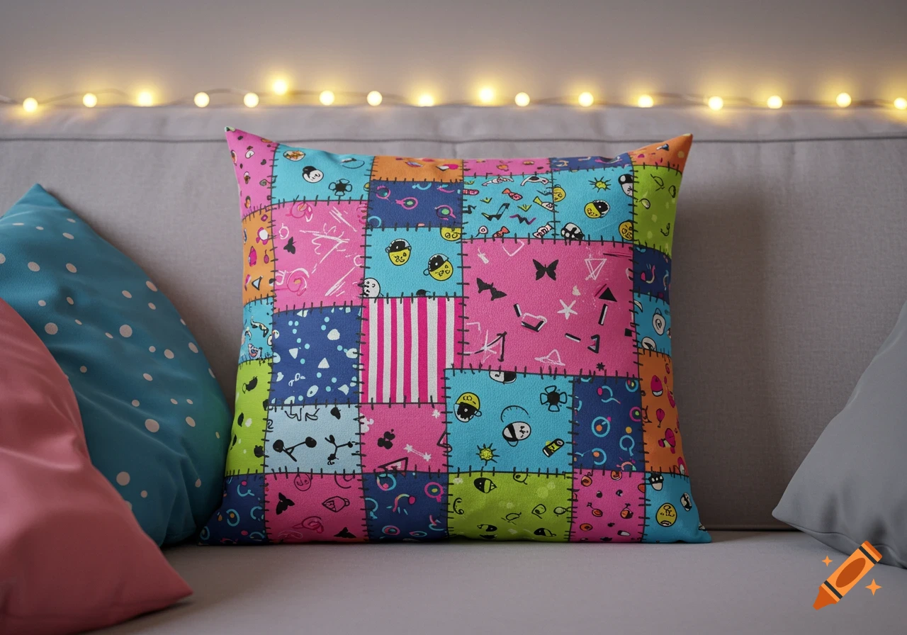 A vibrant patchwork pillow with various colorful patterns and doodles rests on a light gray couch, with warm fairy lights in the background.