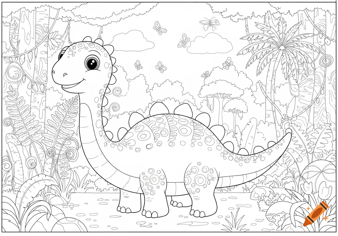 Black and white coloring page of a cute, smiling cartoon dinosaur in a jungle with plants and butterflies.