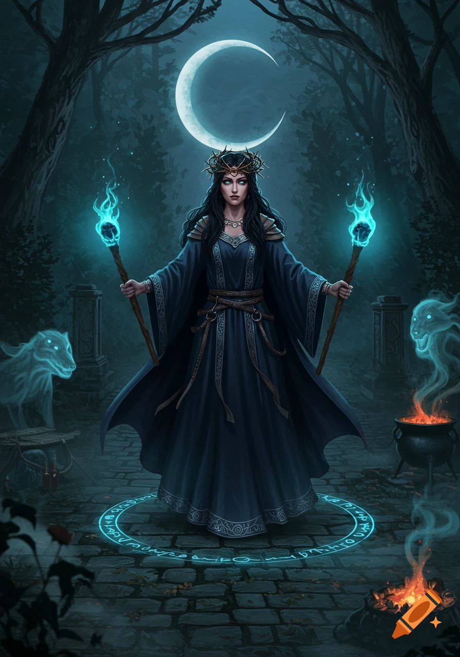 A dark fantasy illustration of a witch in a forest, holding glowing staffs, standing in a magic circle under a crescent moon, with spectral wolves.