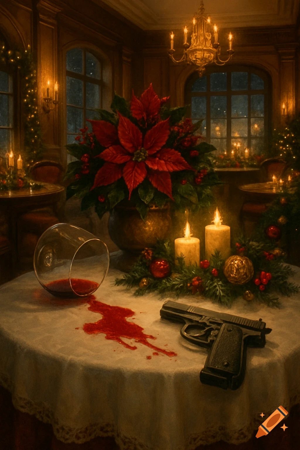 A festive Christmas hotel reception room with a poinsettia, candles, a spilled wine glass with red liquid, and a handgun on a table.
