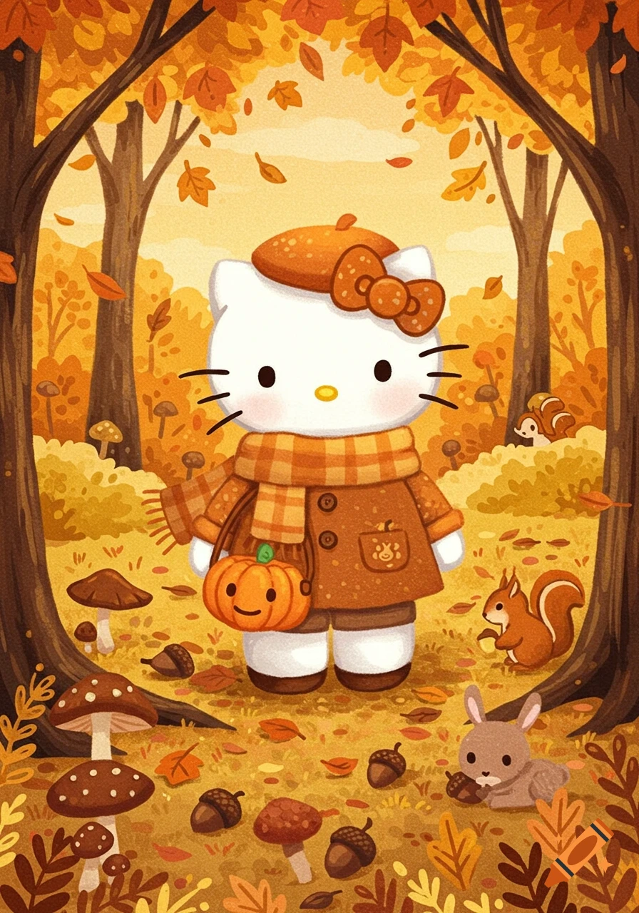 A cute Hello Kitty in a brown coat, plaid scarf, and beret holds a pumpkin bag in an autumn forest with squirrels, a rabbit, and mushrooms.