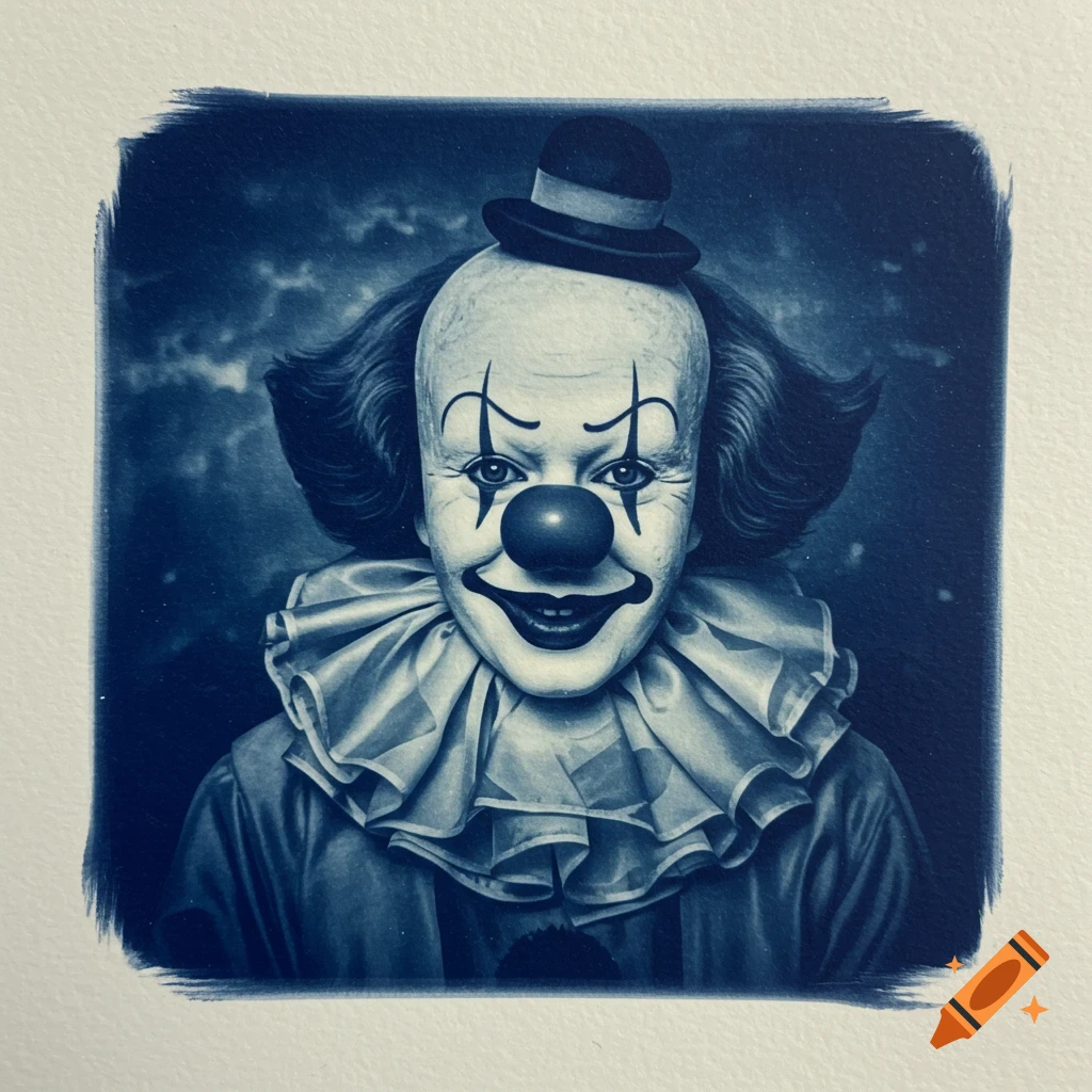 A surreal cyanotype portrait of a clown with a red nose, black makeup, and a small top hat, against a dark, cloudy background.