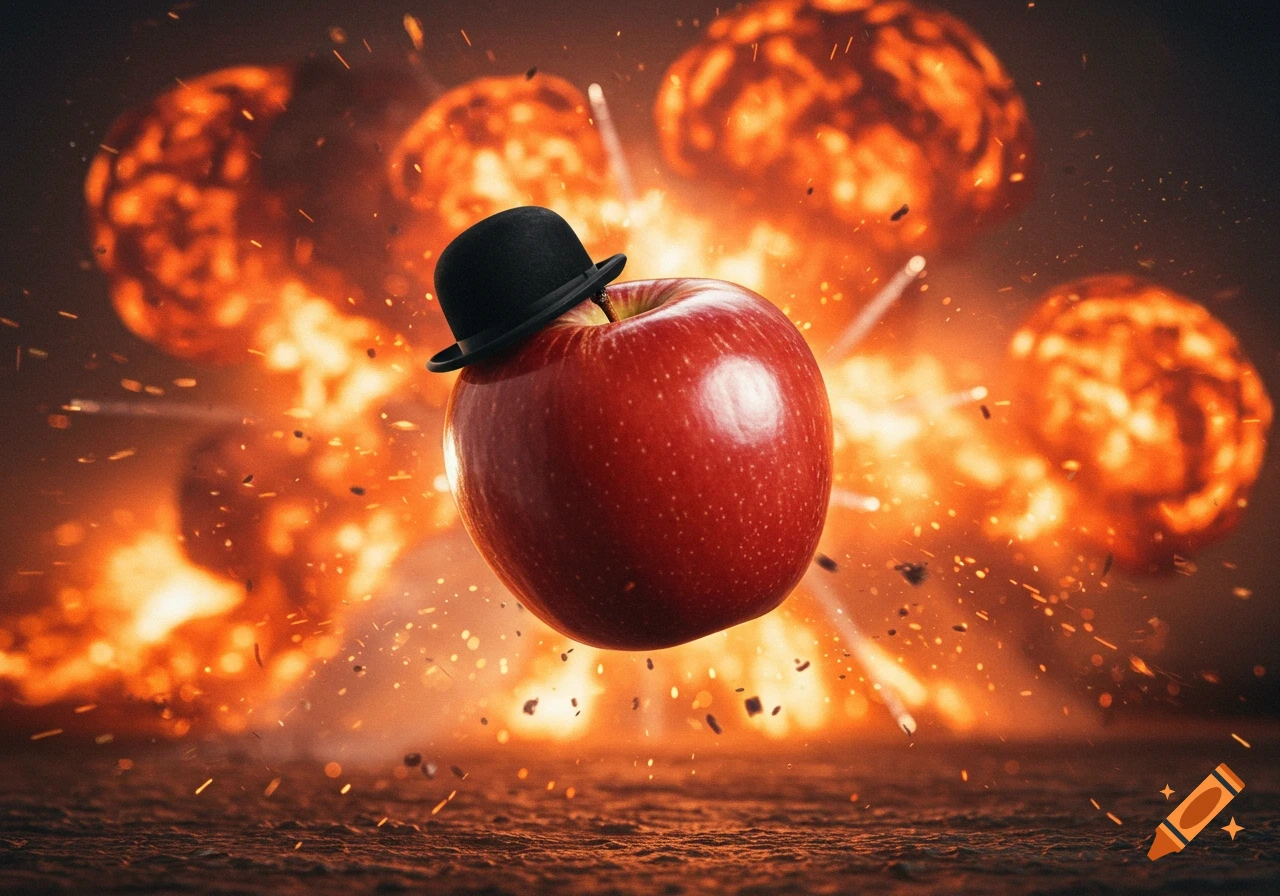 A red apple wearing a black bowler hat floats amidst multiple fiery explosions with debris scattering.