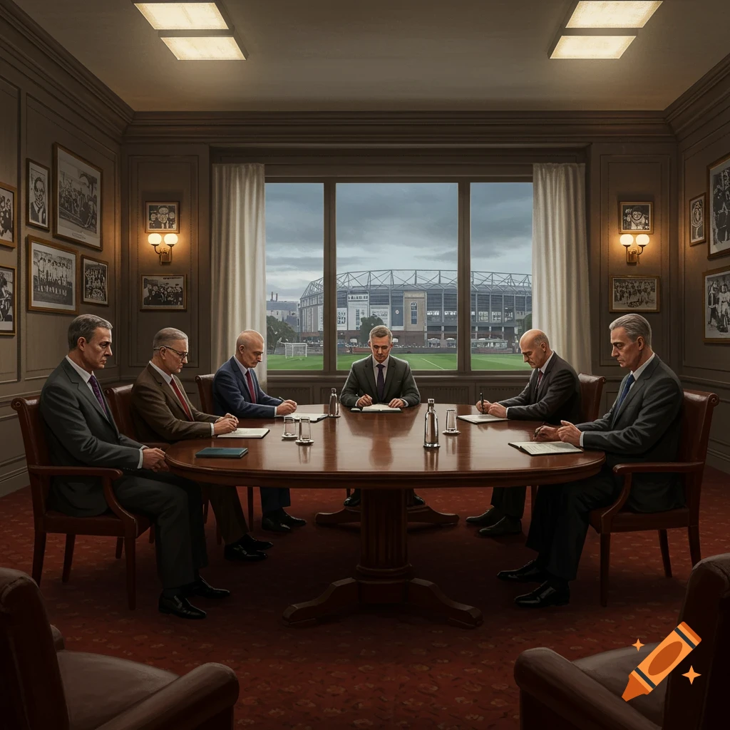 Six men in suits sit at a large wooden table in a formal room, looking out a window at a football stadium. Photorealistic style.
