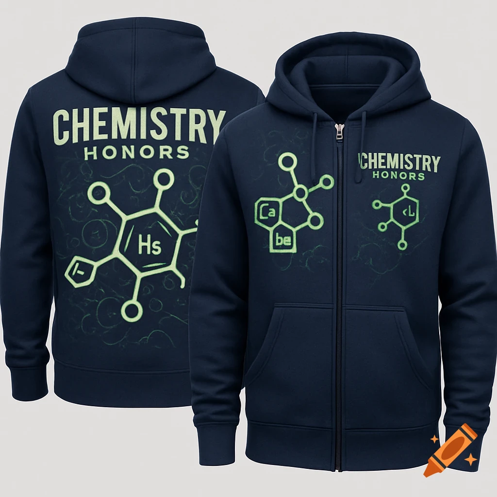 Two dark blue hoodies, one showing the back with 'CHEMISTRY HONORS' and chemical structures, the other showing the front with a zipper and chemical structures.