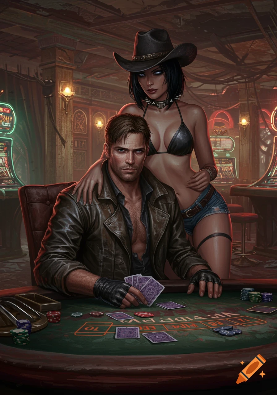 A man in a leather jacket plays cards at a casino table, while a woman in a cowboy hat and bikini top embraces him from behind. Fantasy art style.