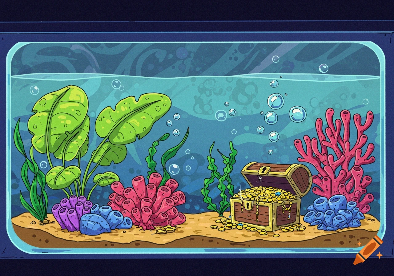 A cartoon fish tank with green plants, colorful coral, and a treasure chest filled with gold coins on a sandy bottom.