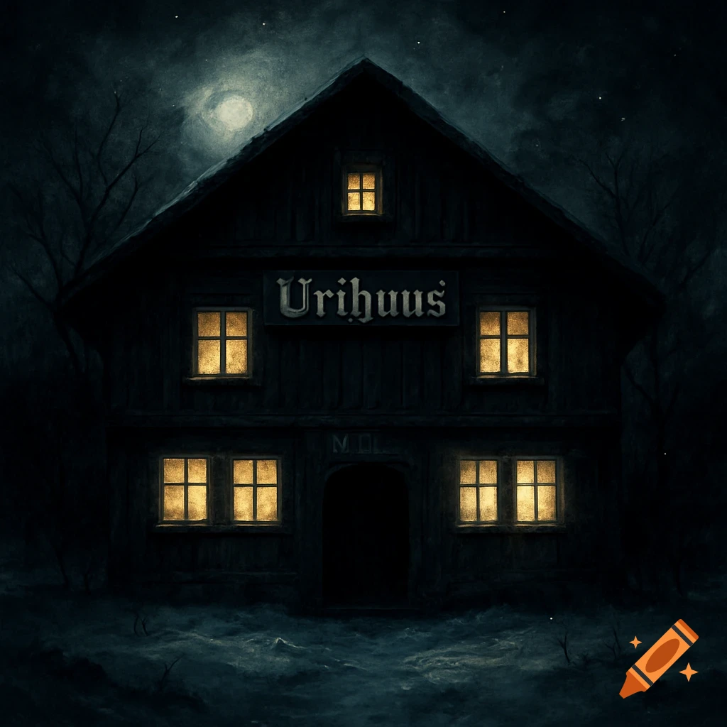 A dark, spooky old house at night with glowing windows under a full moon, surrounded by bare trees and snow.