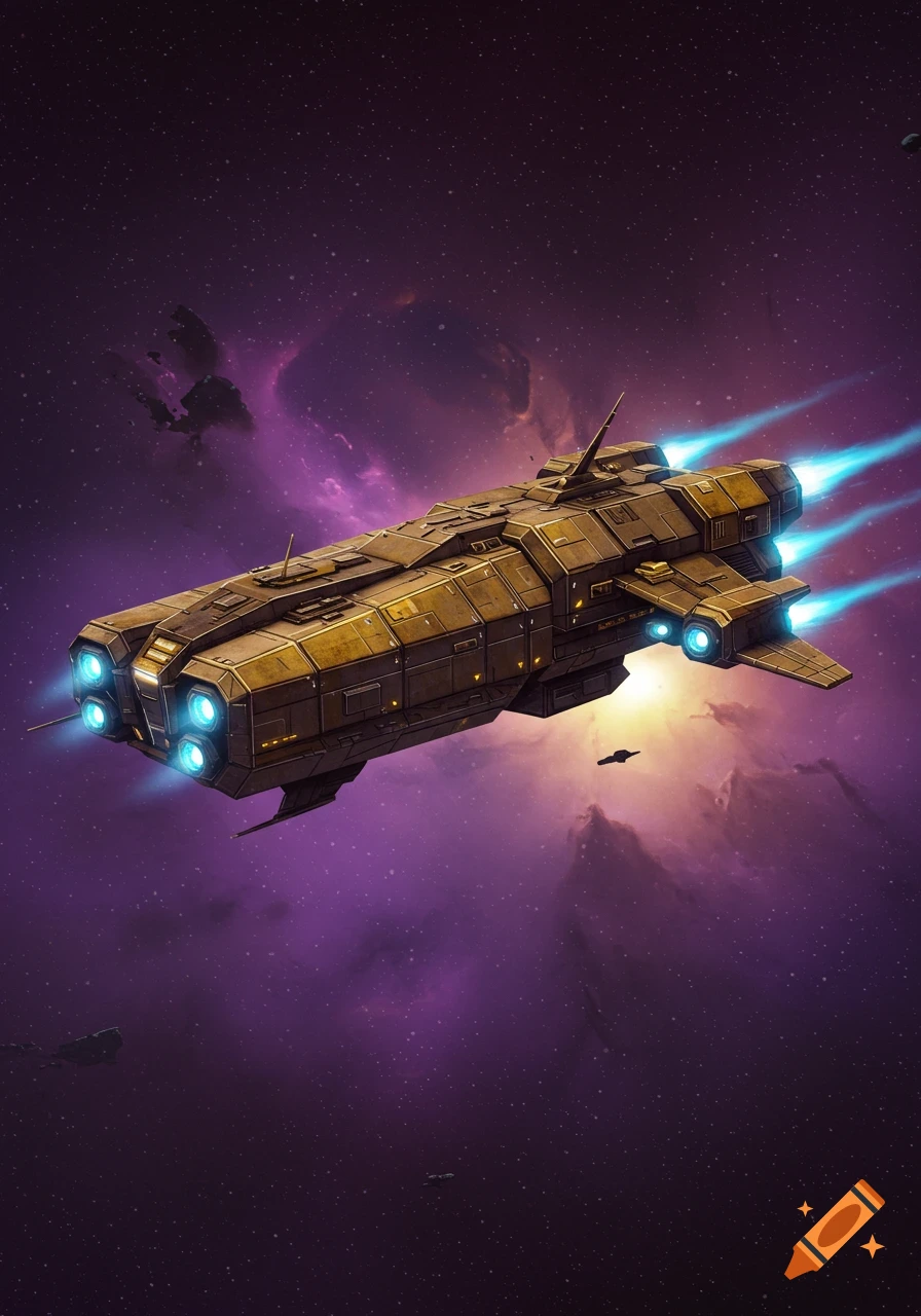 A brown and gold futuristic spaceship with bright blue engines flies through a star-filled purple and orange nebula.