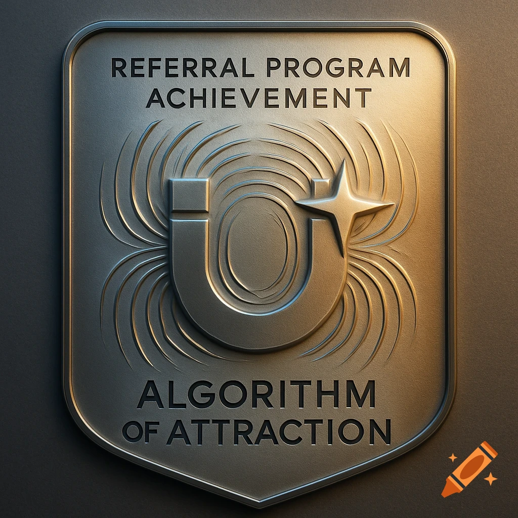 A metallic shield-shaped badge with 'REFERRAL PROGRAM ACHIEVEMENT' and 'ALGORITHM OF ATTRACTION' embossed, featuring a stylized magnet and star in the center.