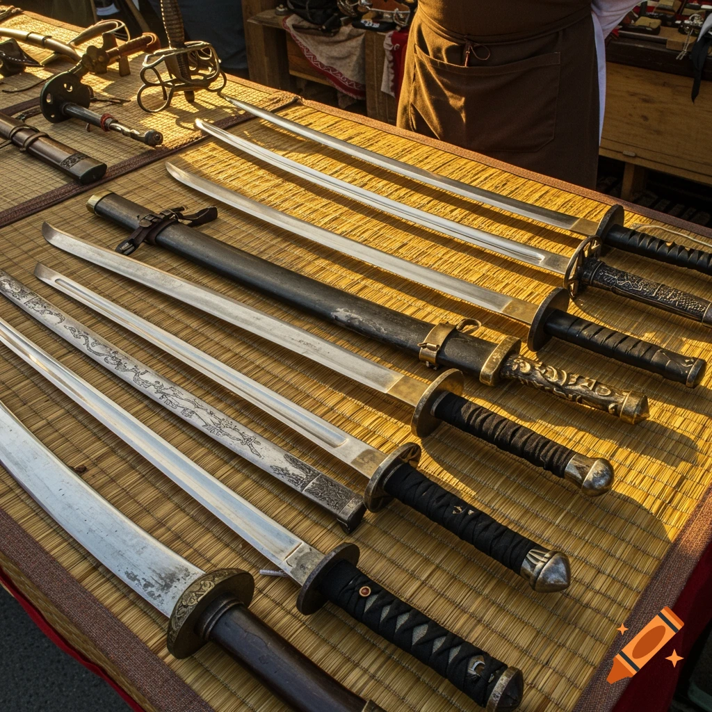 A merchant displays a collection of international swords laid out on a mat at an outdoor market.