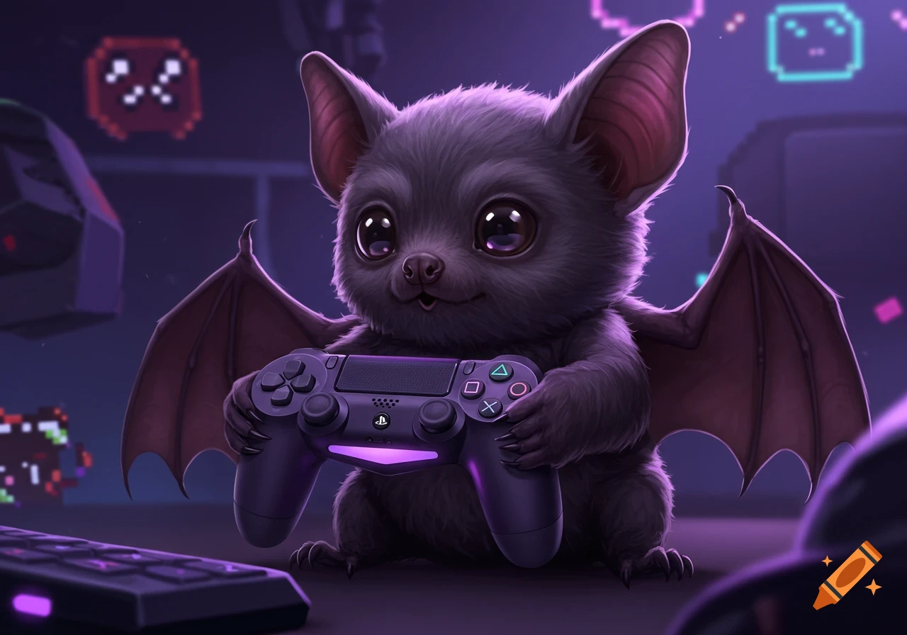 A cute, fluffy gray bat with big eyes holds a purple PlayStation controller, with pixelated gaming ghosts in the blurry purple background. Digital art style.