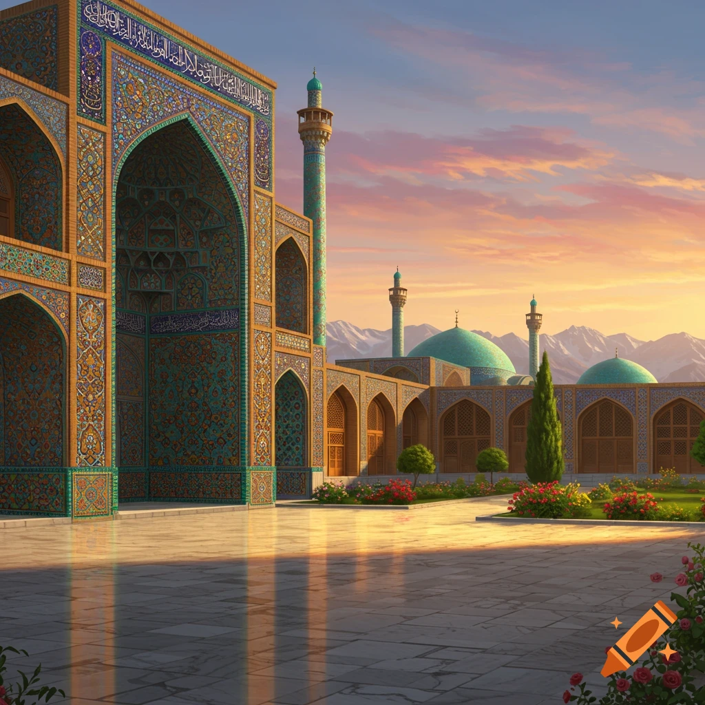 Ornate mosque with blue domes and minarets, intricate tilework, and a sunlit courtyard against a sunset sky and mountains.