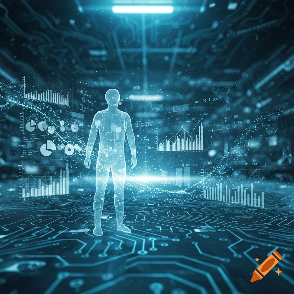 A glowing, translucent human figure stands in a futuristic digital environment with circuit board patterns and holographic data visualizations, charts, and graphs floating around.