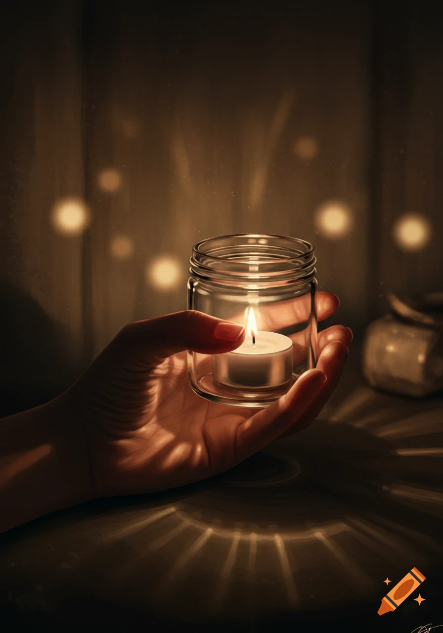 A hand gently holds a lit tea light inside a glass jar, casting warm reflections on a dark surface in an atmospheric, peaceful setting.
