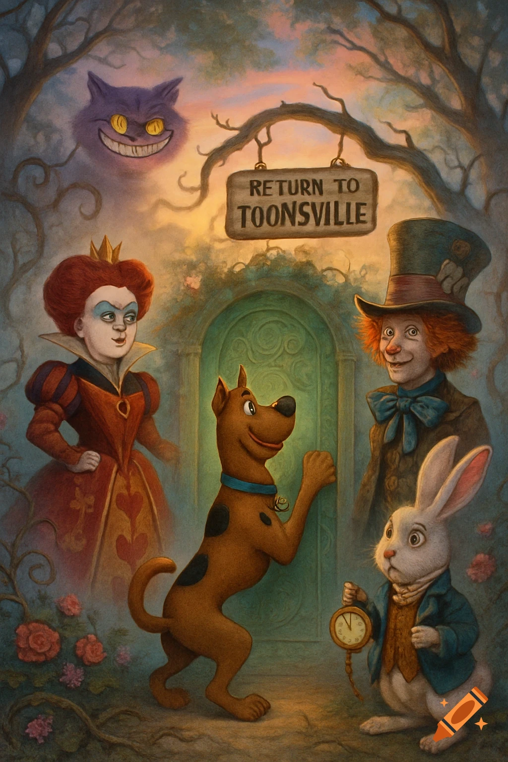 A painted illustration of Scooby Doo standing on two legs at a green door in a whimsical forest, surrounded by the Queen of Hearts, the Cheshire Cat, the Mad Hatter, and the White Rabbit. A sign above reads "RETURN TO TOONSVILLE".