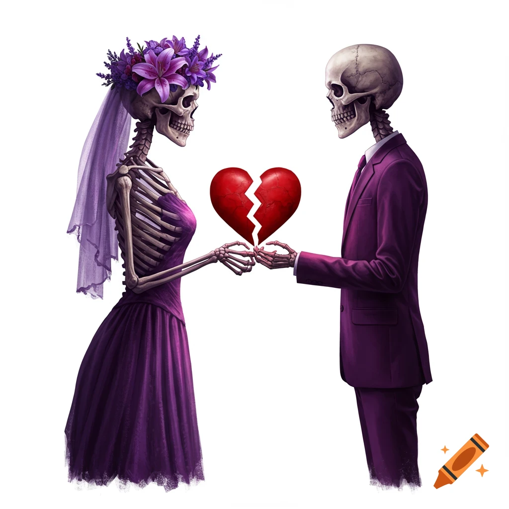 Two skeletons, a bride in a purple dress and flower crown and a groom in a purple suit, face each other, each holding half of a broken red heart on a white background.