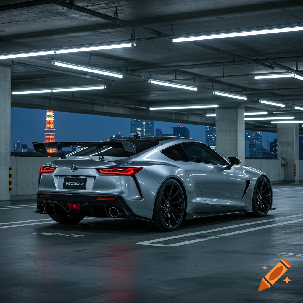 A silver Toyota FT G Sports Concept with a VeilSide body kit is parked in a modern underground garage with the Tokyo Tower visible in the background.