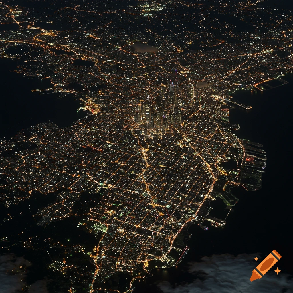An aerial night view of San Francisco, California, showing the city illuminated by countless golden lights outlining streets and buildings, with darker water visible around the landmass.