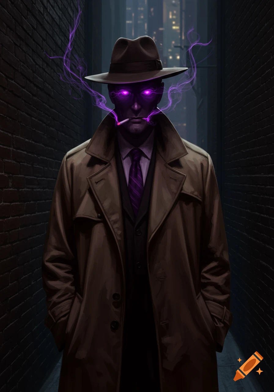 A mysterious man in a fedora and trench coat with glowing purple eyes smokes a cigarette in a dark alley, digital art style.