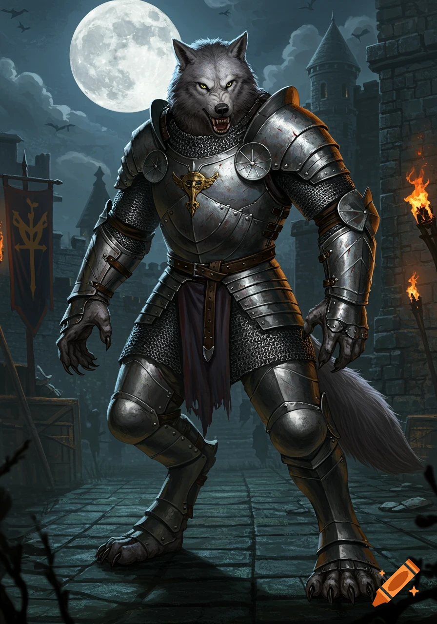 A muscular gray werewolf in full knight's plate and chainmail armor stands on a cobblestone path in front of a castle under a full moon.