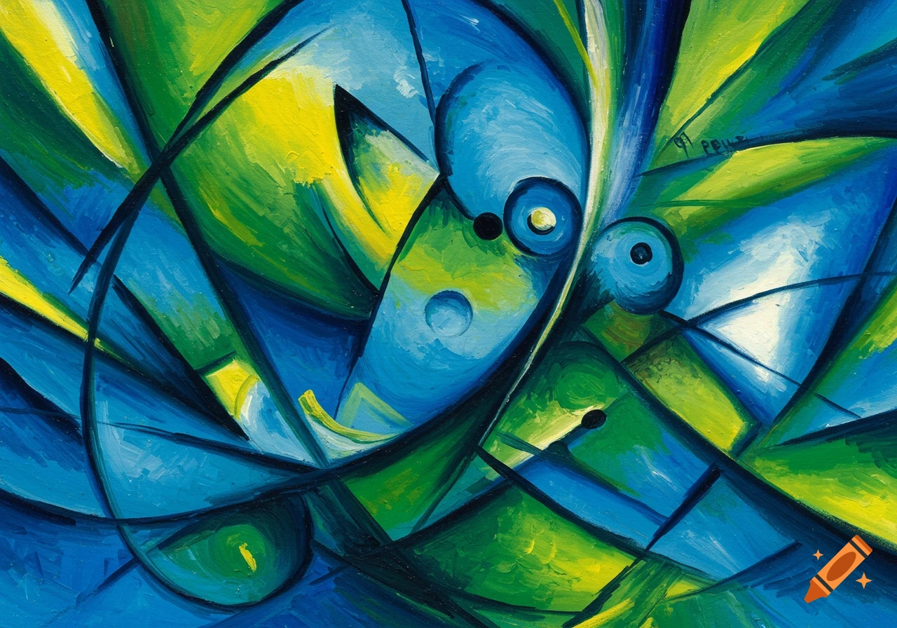 An abstract acrylic painting with bold, geometric forms in shades of blue, green, and yellow, reminiscent of Expressionism.
