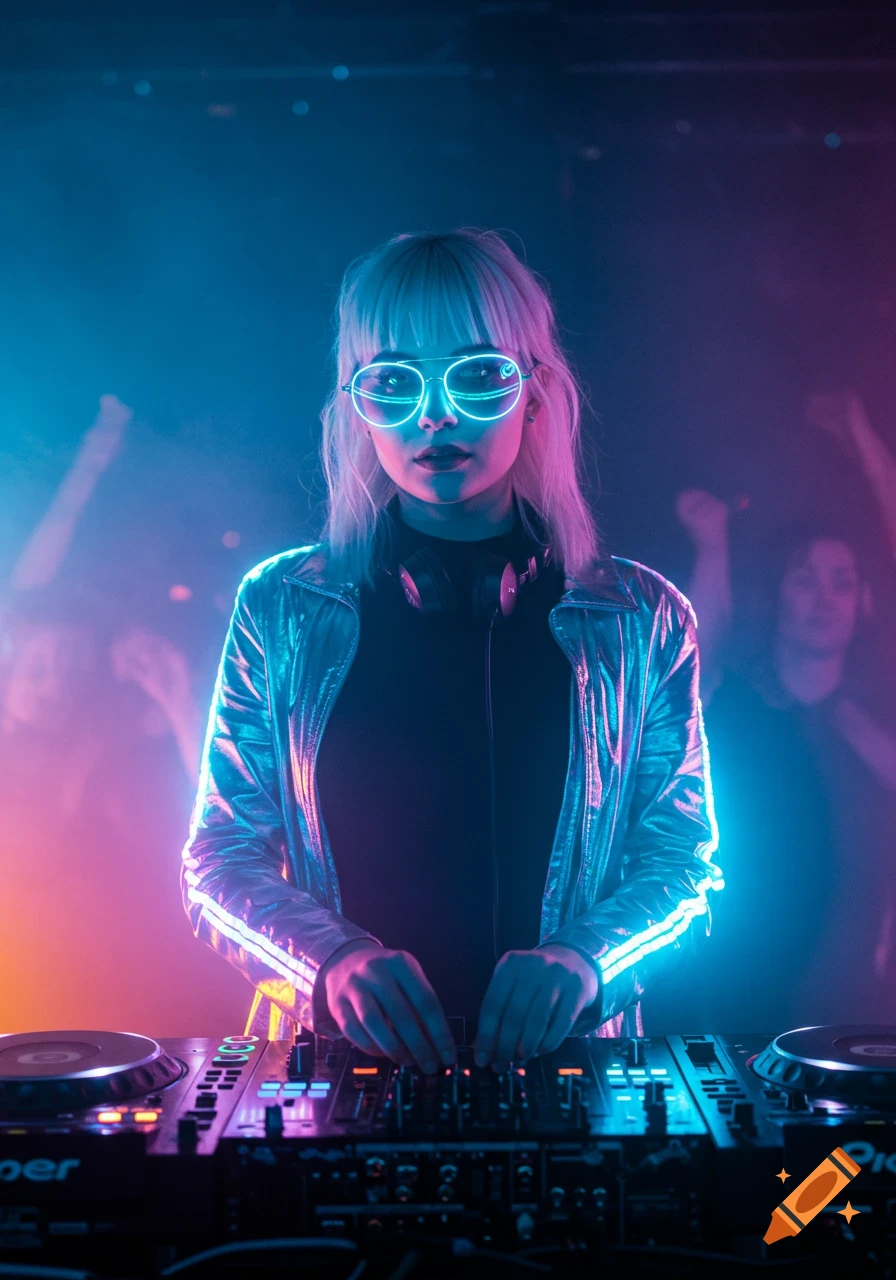 A female DJ with blonde hair and glowing glasses stands behind turntables in a neon-lit club, performing for a blurry crowd in a photorealistic style.