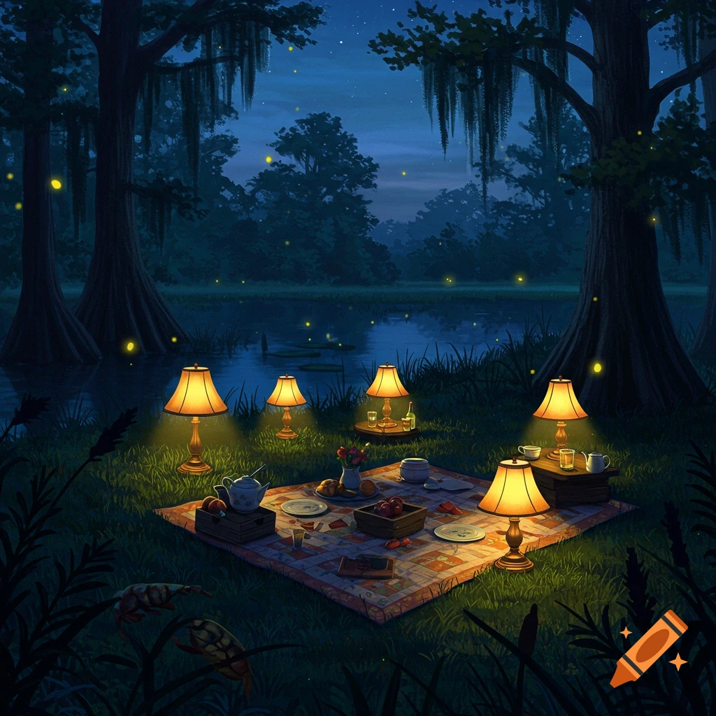 A romantic nighttime picnic in a lush, moonlit swamp, illuminated by several glowing table lamps and fireflies.