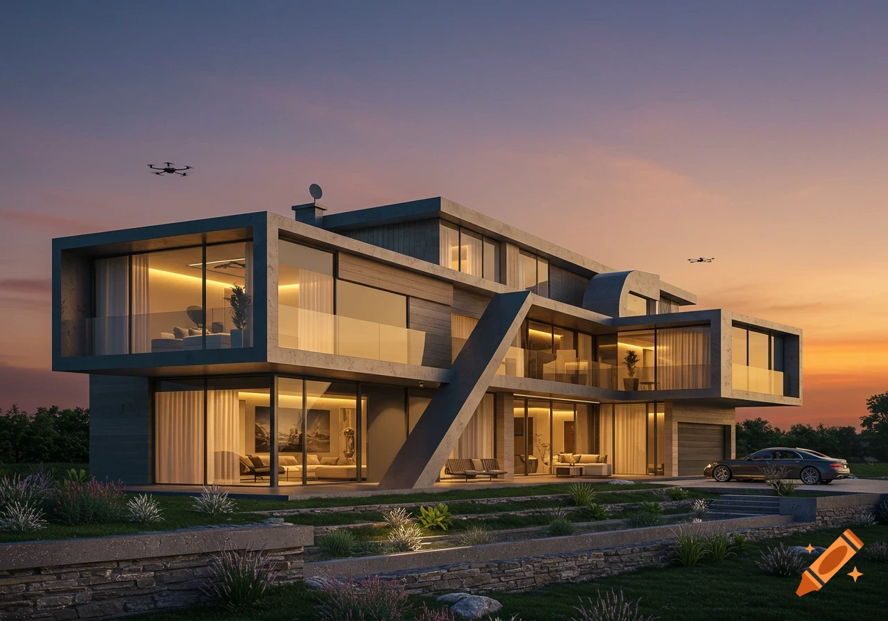 Photorealistic rendering of a modern, multi-level house with large windows, a car, and two drones at sunset over a landscaped garden.