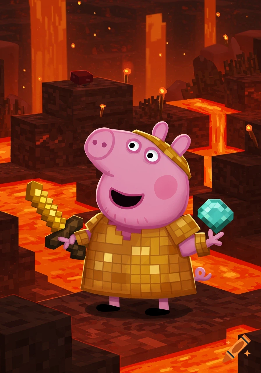 Peppa Pig dressed as a Minecraft Piglin, holding a golden sword and diamond in the Nether.