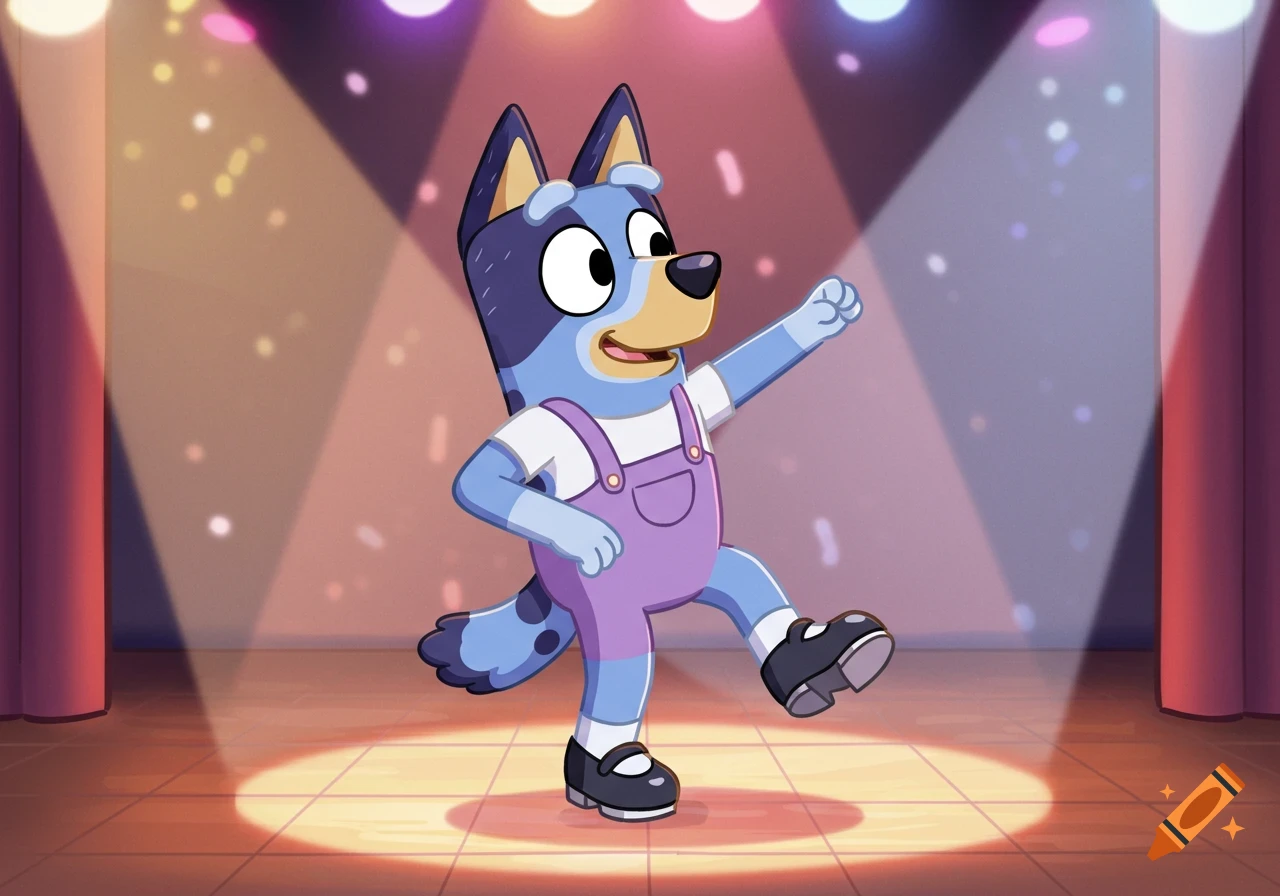 Bluey, a blue cartoon dog, tap dancing on a stage under spotlights, wearing purple overalls.