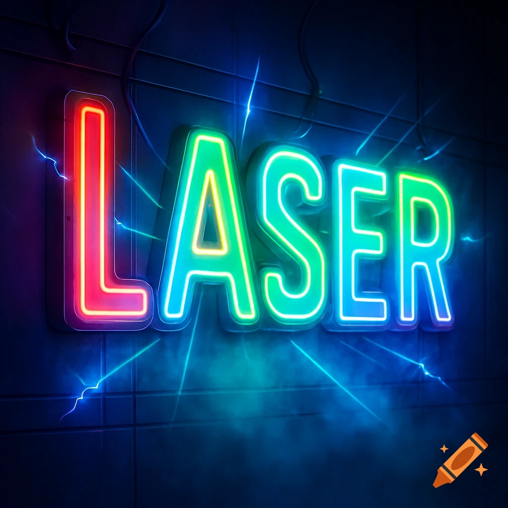 Colorful neon sign spelling LASER in red, green, and blue, with electrical sparks and mist on a dark background.