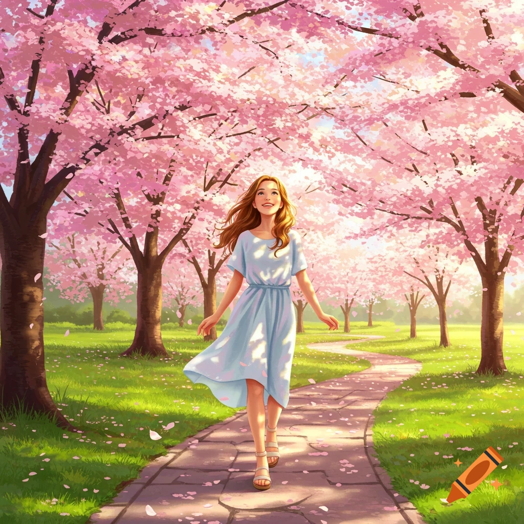 An illustrated young woman in a light blue dress walks happily on a path under blooming pink cherry blossom trees in a park.