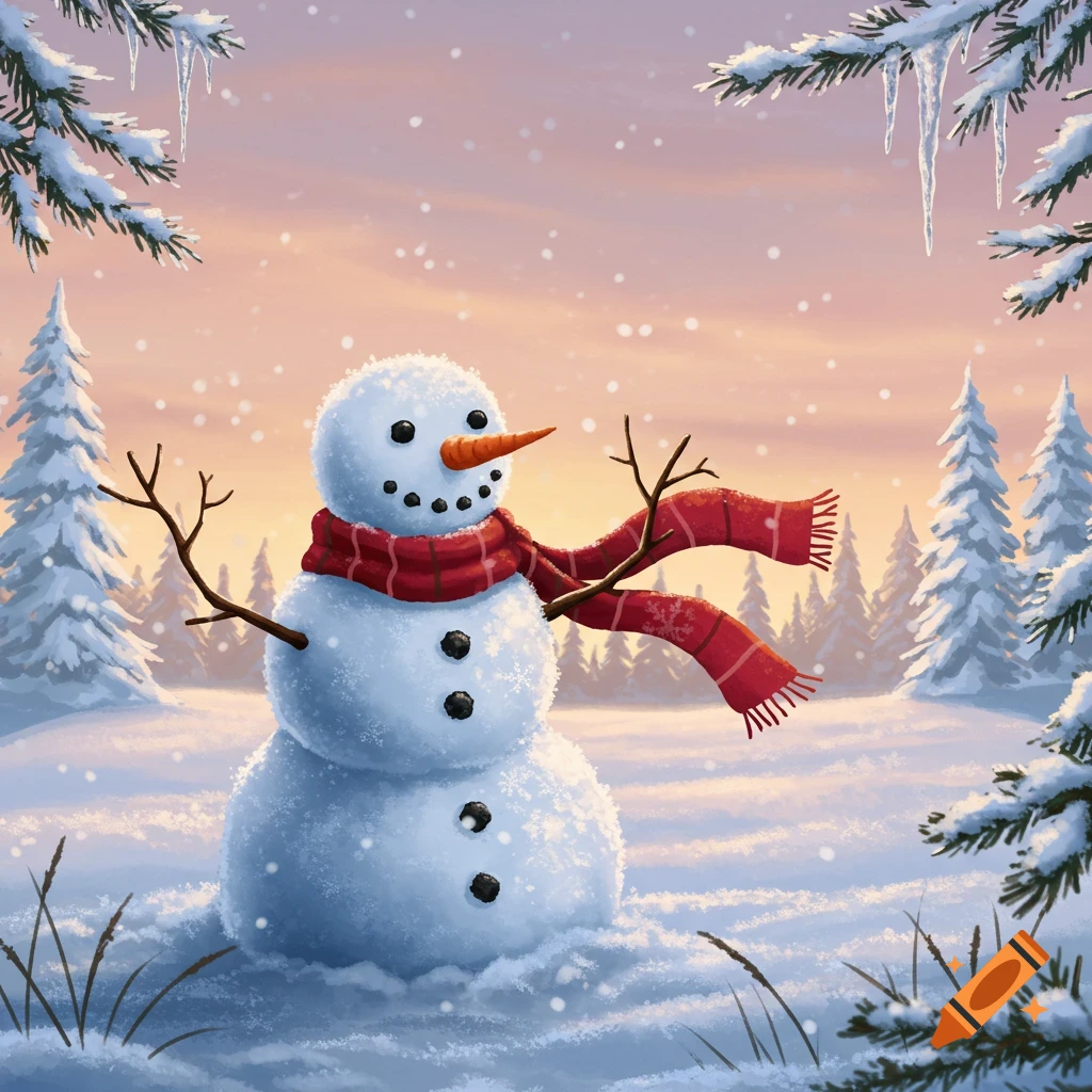 A charming illustration of a three-tiered snowman with a carrot nose, branch arms, and a red scarf in a snowy winter landscape at sunset.