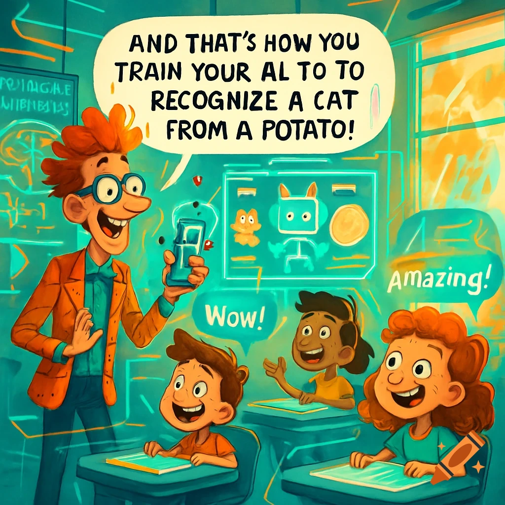 A cartoon teacher with orange hair and glasses holds a glowing device, explaining to three diverse students how to train AI to recognize a cat from a potato in a speech bubble. Other speech bubbles say 'Wow!' and 'Amazing!'.