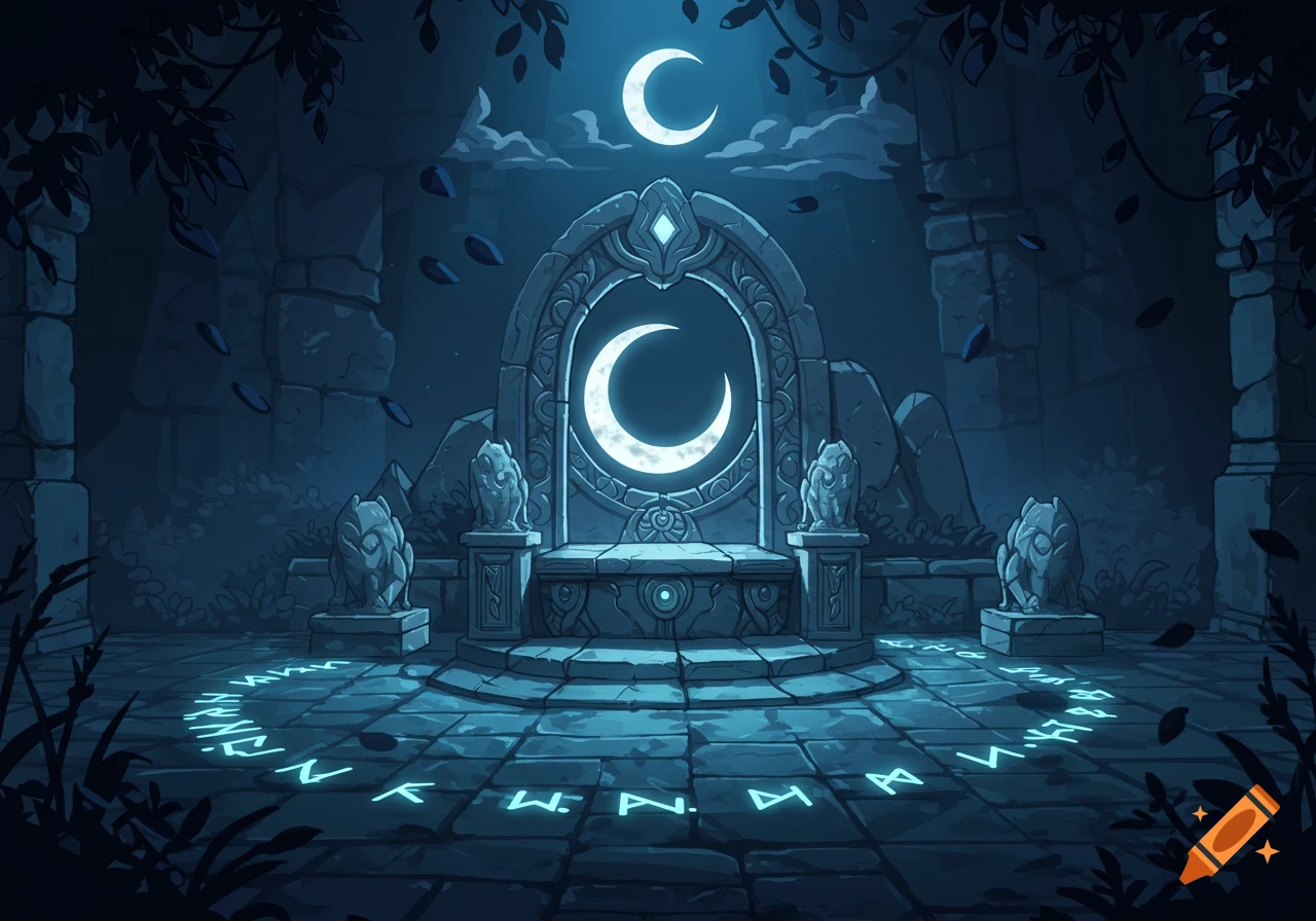 A comic-style fantasy illustration of a moonlit stone altar within ancient ruins, featuring crescent moons and glowing runes on the floor.