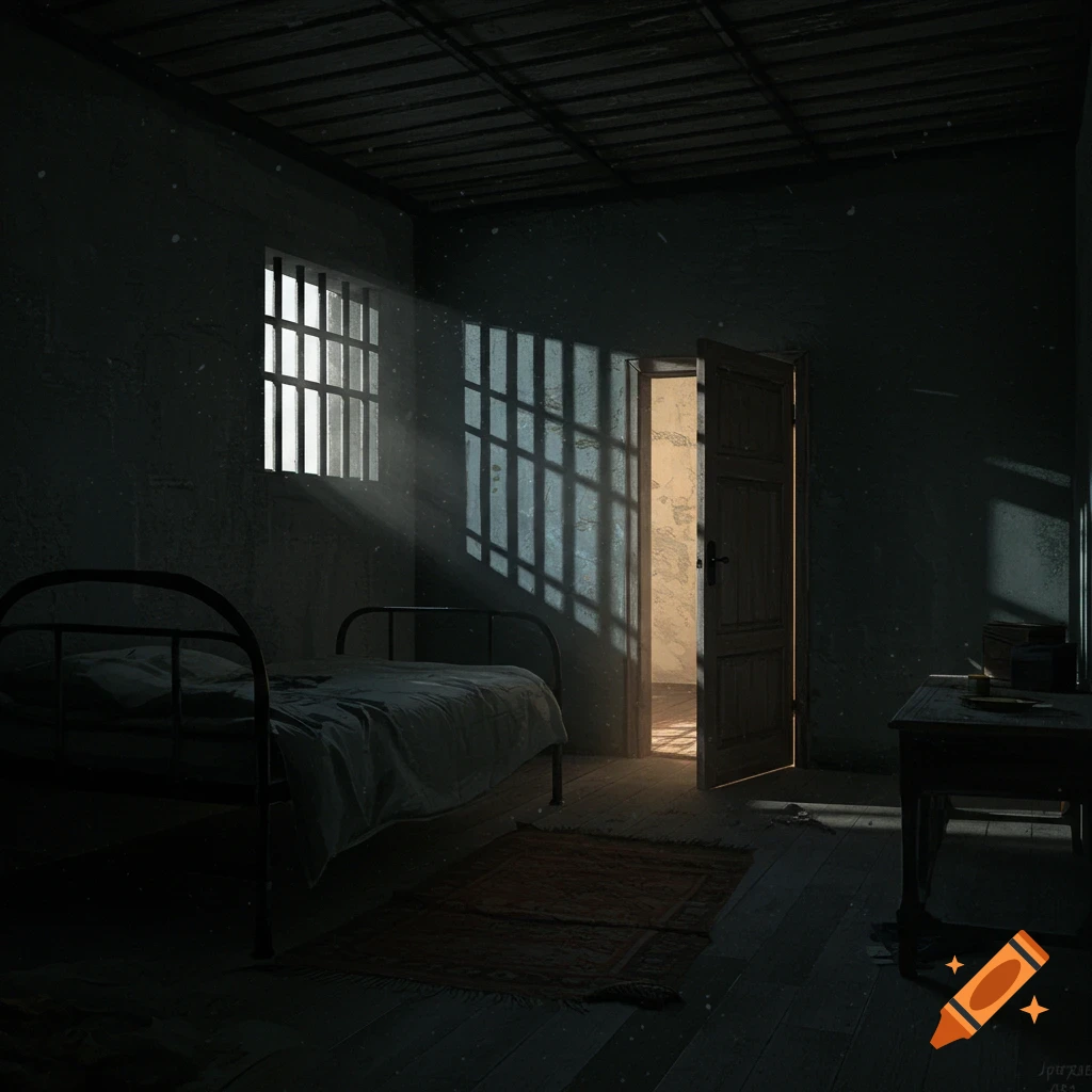 A dark, moody bedroom with a bed, a barred window casting shadows on the wall, and an open door bathed in sunlight.