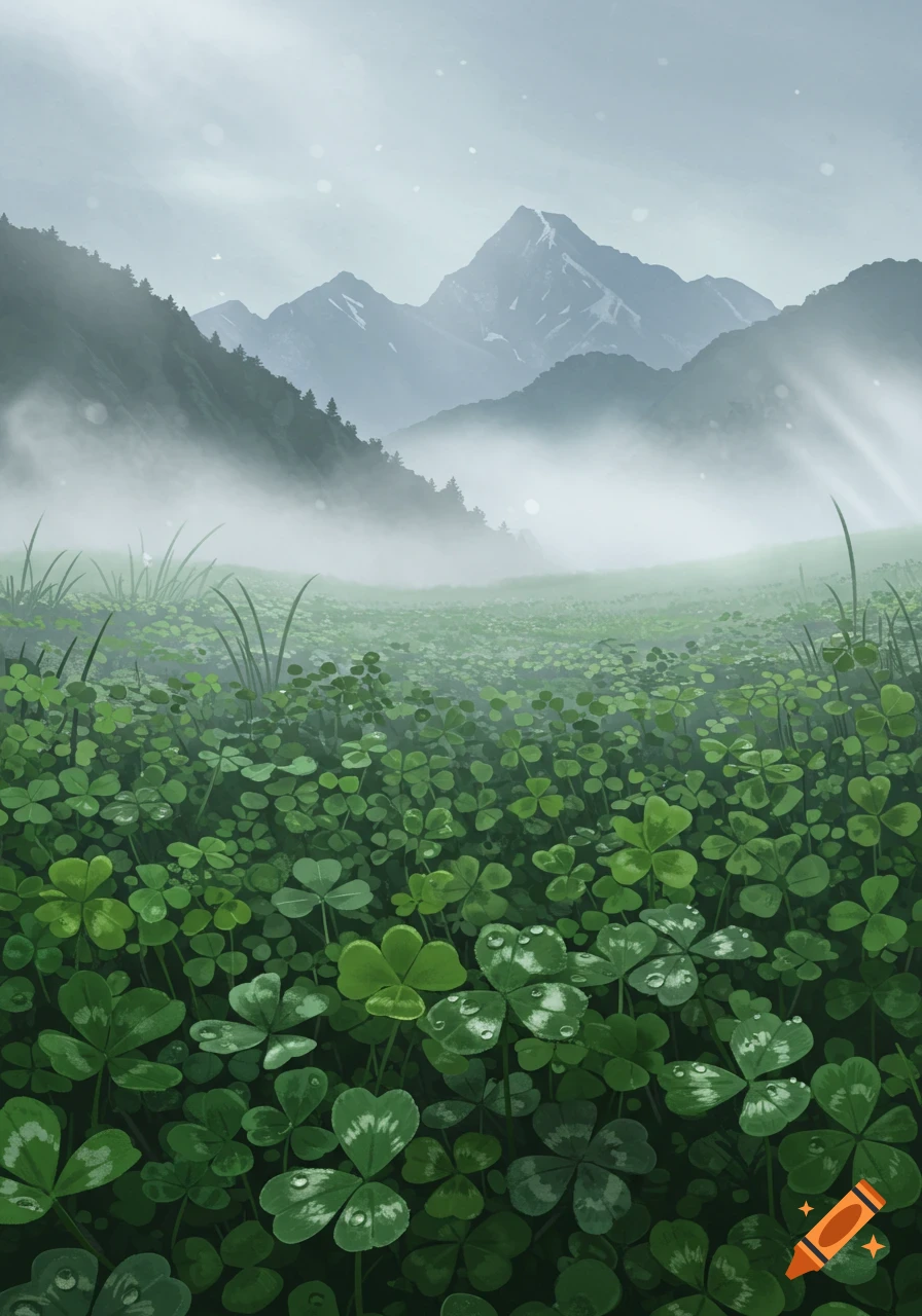 A lush green clover field with dew drops in a misty mountain meadow under a cloudy sky.