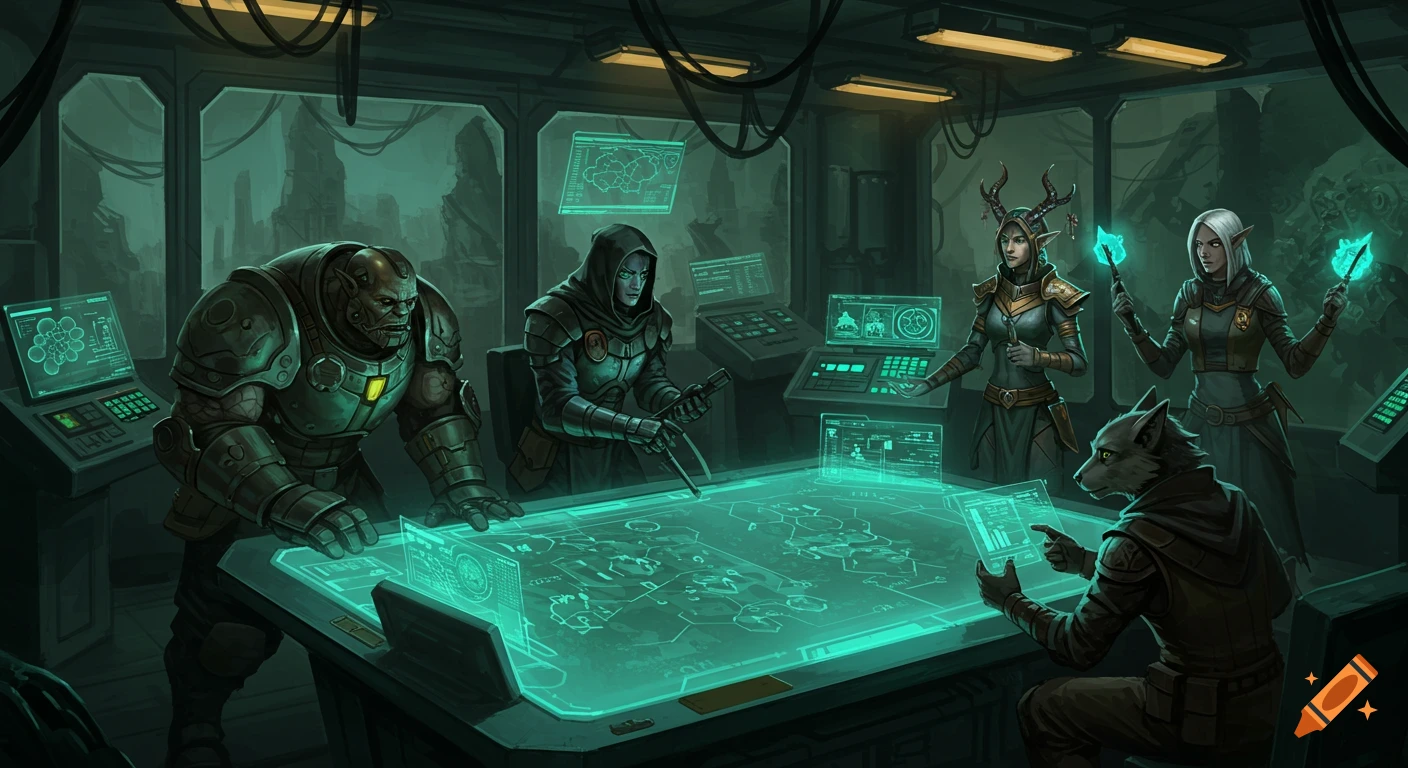 A diverse group of sci-fantasy mercenaries, including a juggernaut, a hooded figure, an elf with antlers, a wolf-person, and another elf, gather around a glowing holographic tactical table in a dimly lit command room, planning their next mission. The style is painterly and illustrated.