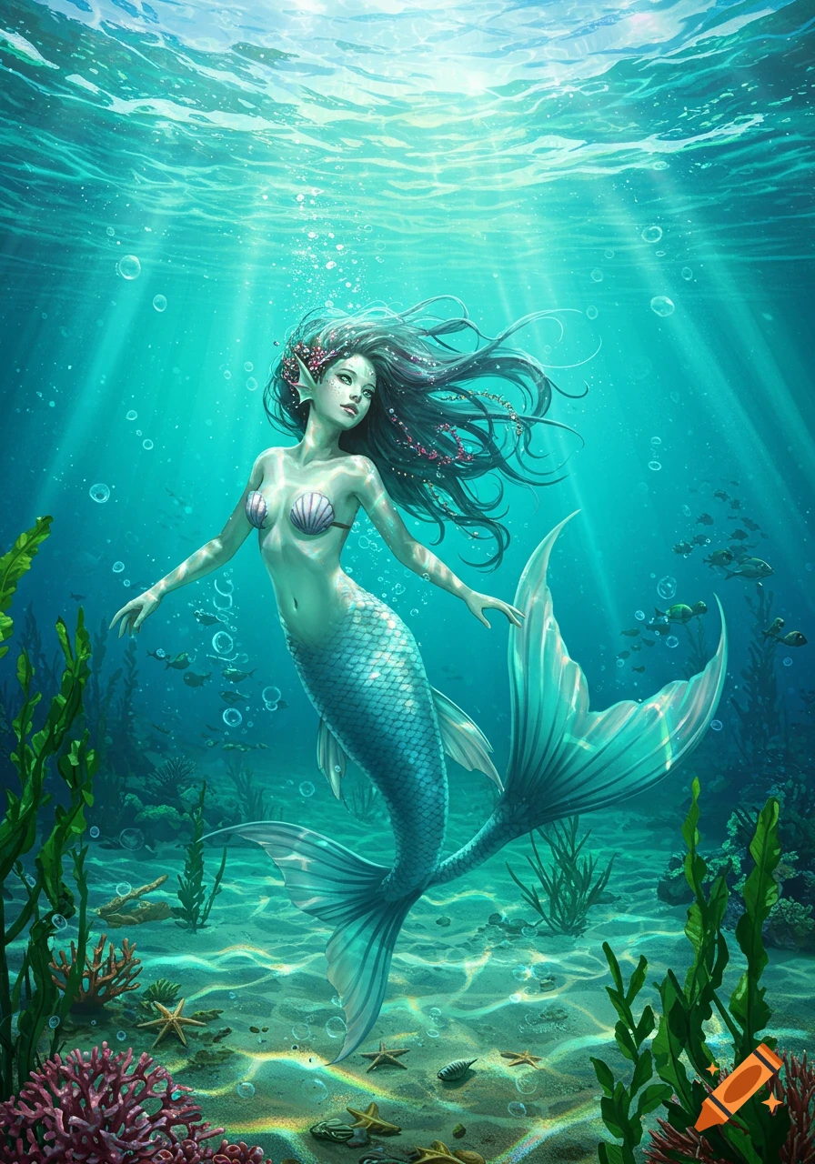 Beautiful mermaid with long dark hair and a blue-green tail swimming gracefully in sunlit turquoise water, surrounded by plants and fish.
